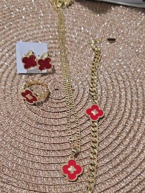 Gold-Tone Red Clover Pendant Necklace, Bracelet, Ring & Earring Set